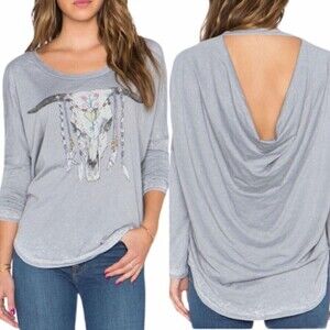NWT CHASER Gray Cow Skull Jewels Boho Burnout Open Drape Back Shirt Top Medium